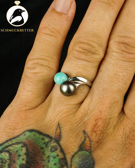 Ring mit Amazonit & Tahiti-Perle aus 925 Silber, Gr. 54
