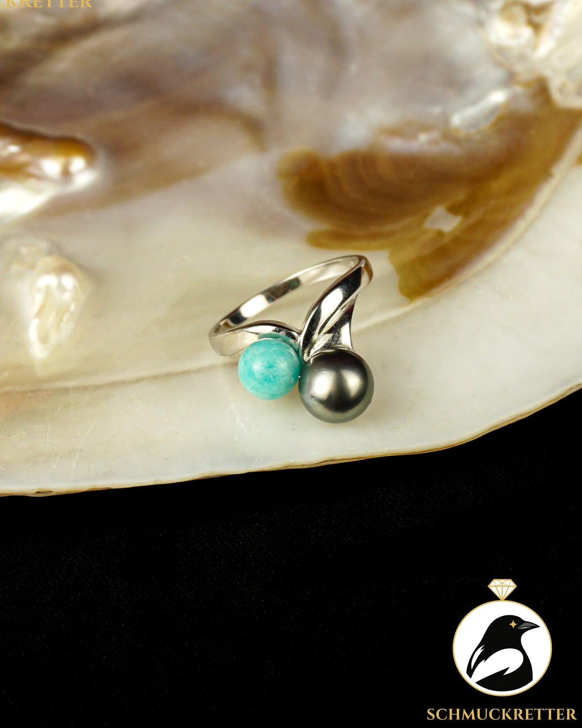 Ring mit Amazonit & Tahiti-Perle aus 925 Silber, Gr. 54