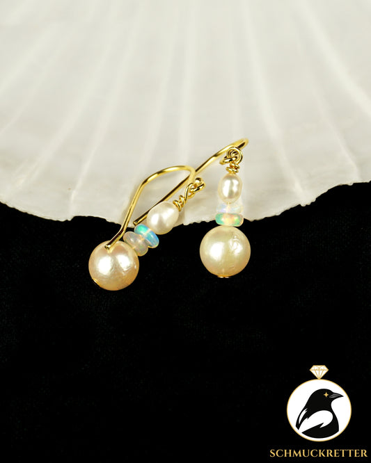 Ohrringe mit Welo Opal & Akoya Perle - vergoldetes 925 Silber