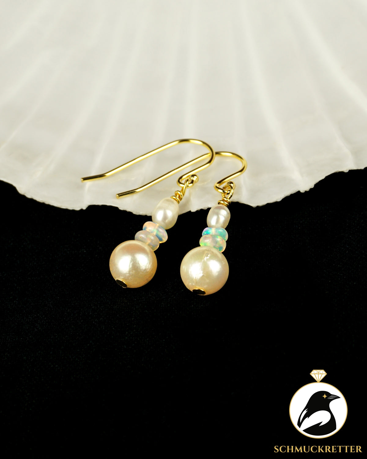 Ohrringe mit Welo Opal & Akoya Perle - vergoldetes 925 Silber