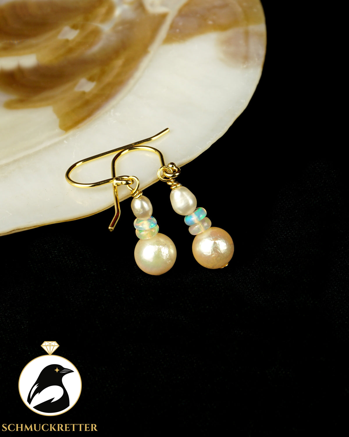 Ohrringe mit Welo Opal & Akoya Perle - vergoldetes 925 Silber