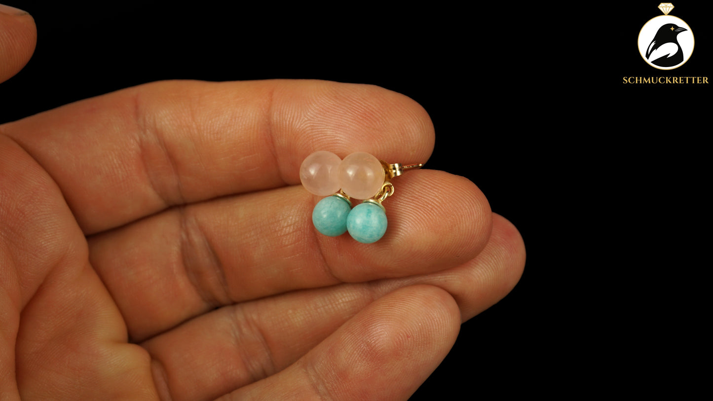 585 Gold Ohrringe mit Amazonit & Rosenquarz