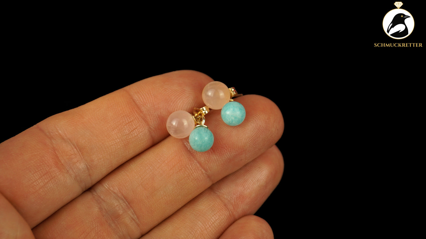 585 Gold Ohrringe mit Amazonit & Rosenquarz