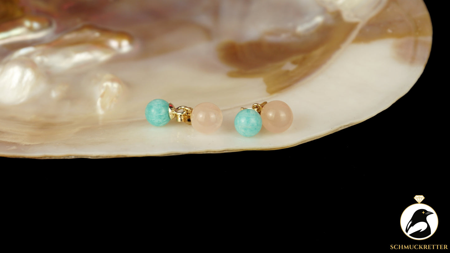 585 Gold Ohrringe mit Amazonit & Rosenquarz