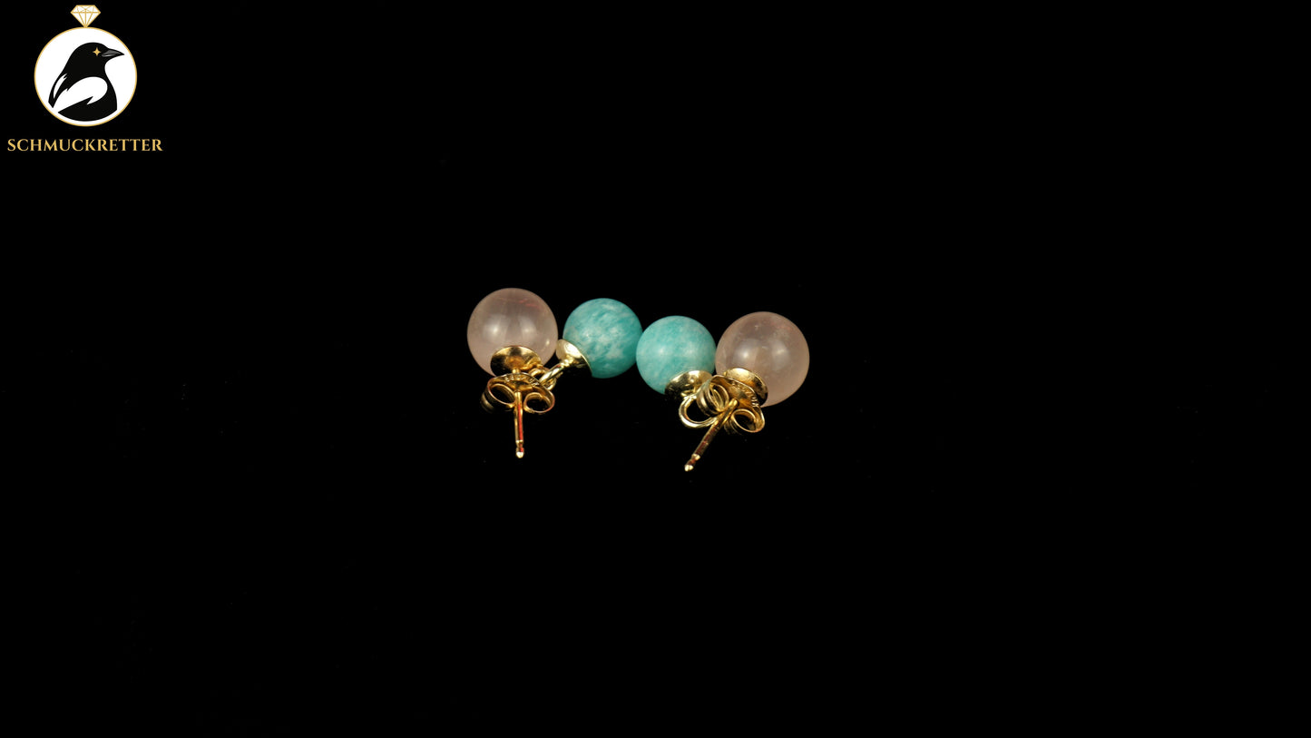 585 Gold Ohrringe mit Amazonit & Rosenquarz