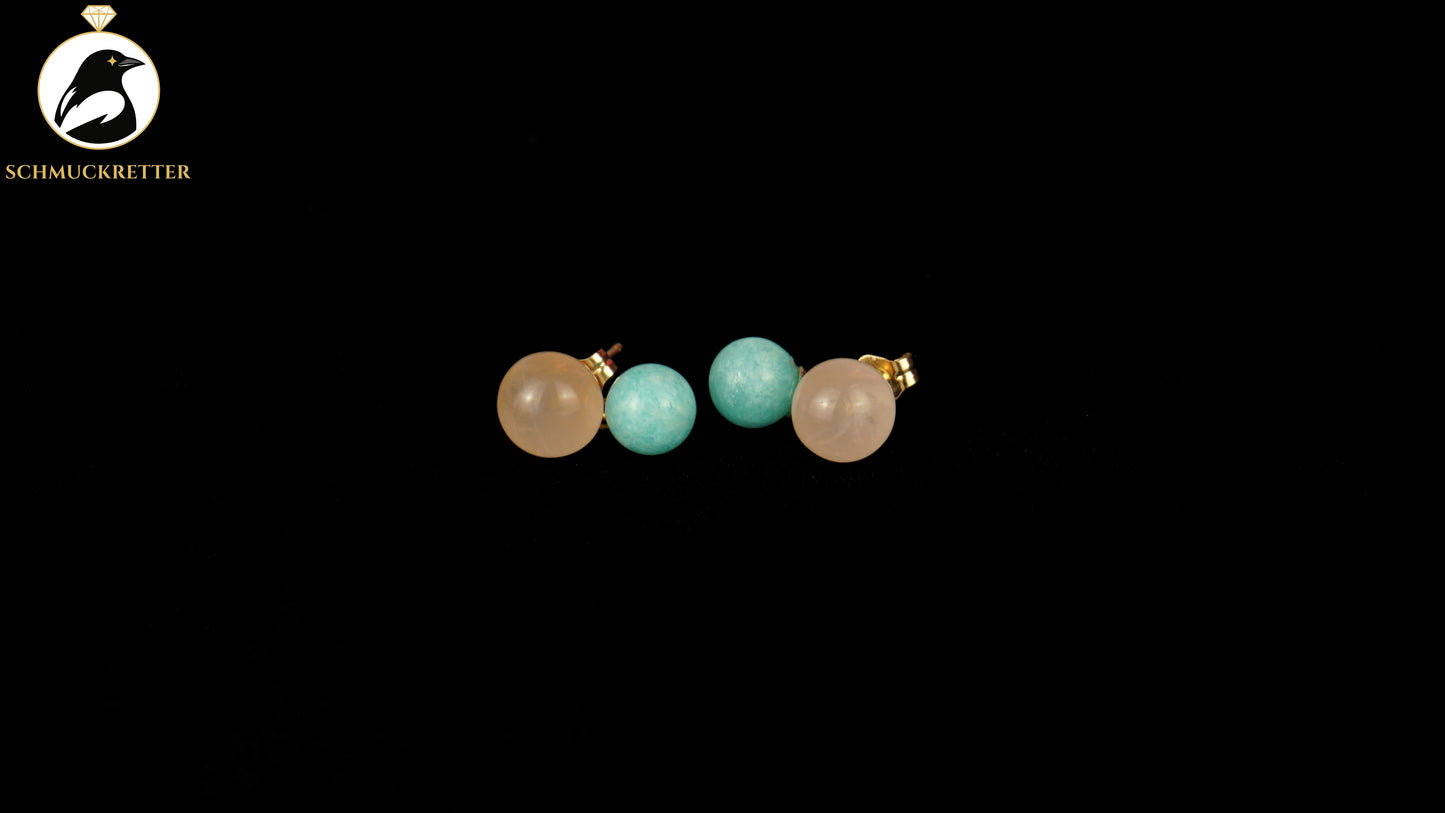 585 Gold Ohrringe mit Amazonit & Rosenquarz