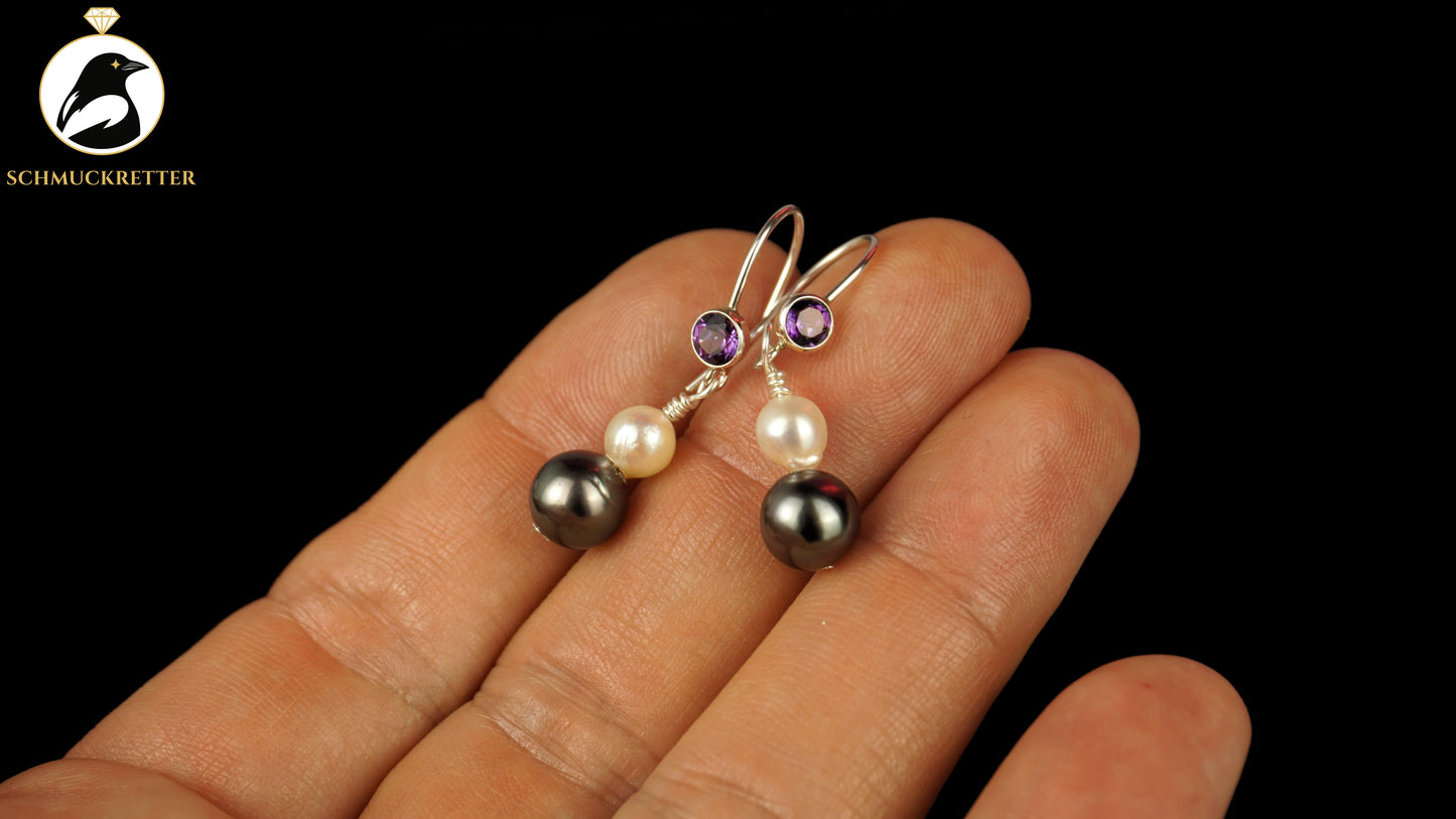 Ohrringe mit 925 Silber Amethyst-Brisur, echten Tahitiperlen, Akoya Perlen