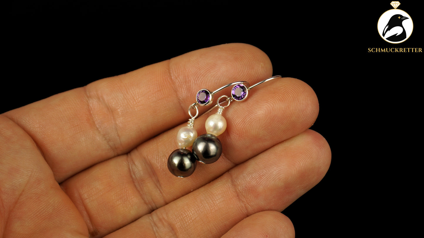 Ohrringe mit 925 Silber Amethyst-Brisur, echten Tahitiperlen, Akoya Perlen