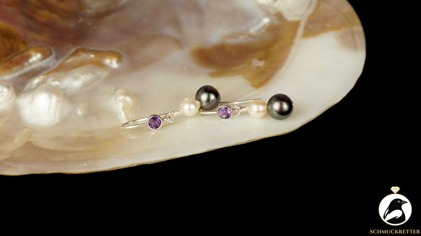 Ohrringe mit 925 Silber Amethyst-Brisur, echten Tahitiperlen, Akoya Perlen