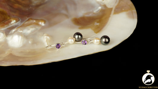 Ohrringe mit 925 Silber Amethyst-Brisur, echten Tahitiperlen, Akoya Perlen