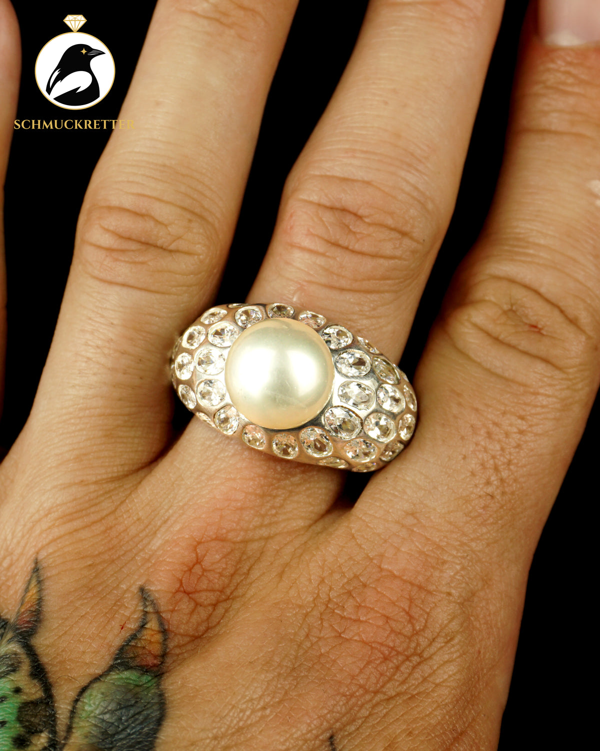 Massiver 925 Silber Statement Ring mit Zirkonia und Perle, Gr. 66