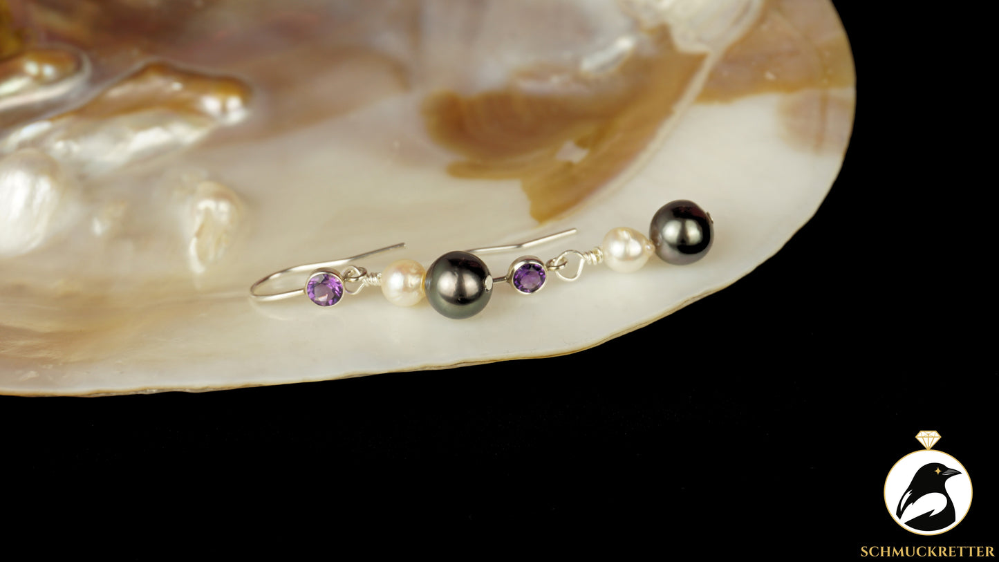 Ohrringe mit 925 Silber Amethyst-Brisur, echten Tahitiperlen, Akoya Perlen