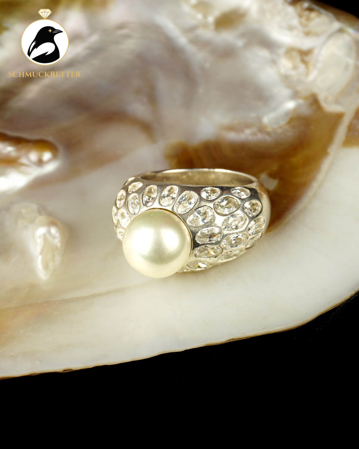 Massiver 925 Silber Statement Ring mit Zirkonia und Perle, Gr. 66