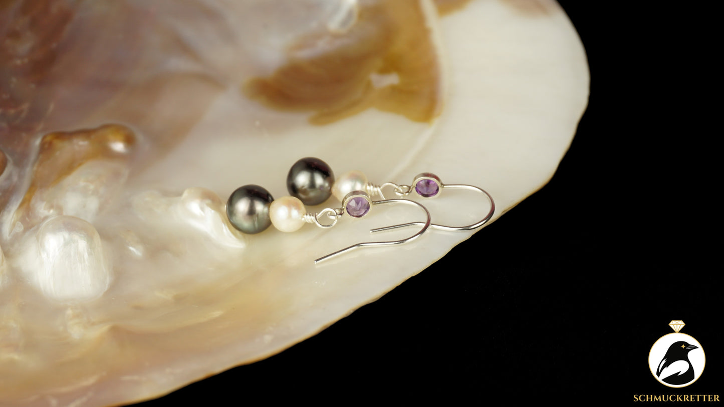 Ohrringe mit 925 Silber Amethyst-Brisur, echten Tahitiperlen, Akoya Perlen