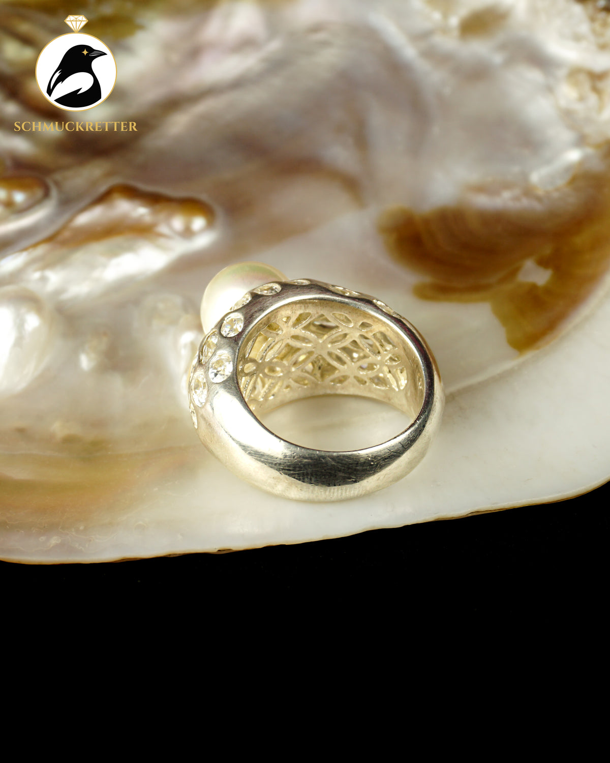 Massiver 925 Silber Statement Ring mit Zirkonia und Perle, Gr. 66