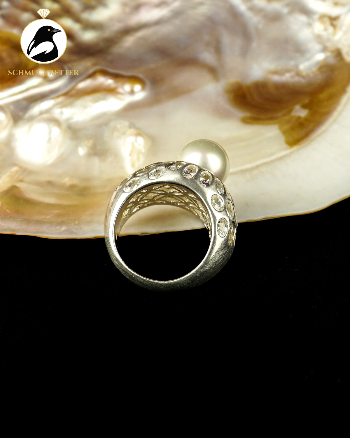 Massiver 925 Silber Statement Ring mit Zirkonia und Perle, Gr. 66