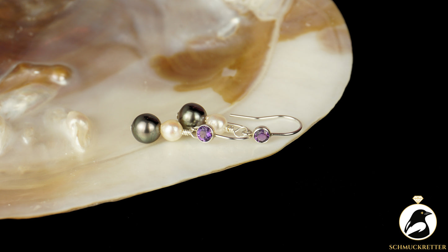 Ohrringe mit 925 Silber Amethyst-Brisur, echten Tahitiperlen, Akoya Perlen