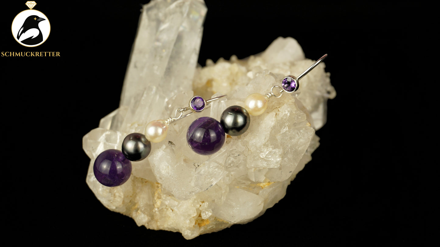 Ohrringe mit echten Tahitiperlen, Akoya Perlen, Amethyst & 925 Silber Brisur