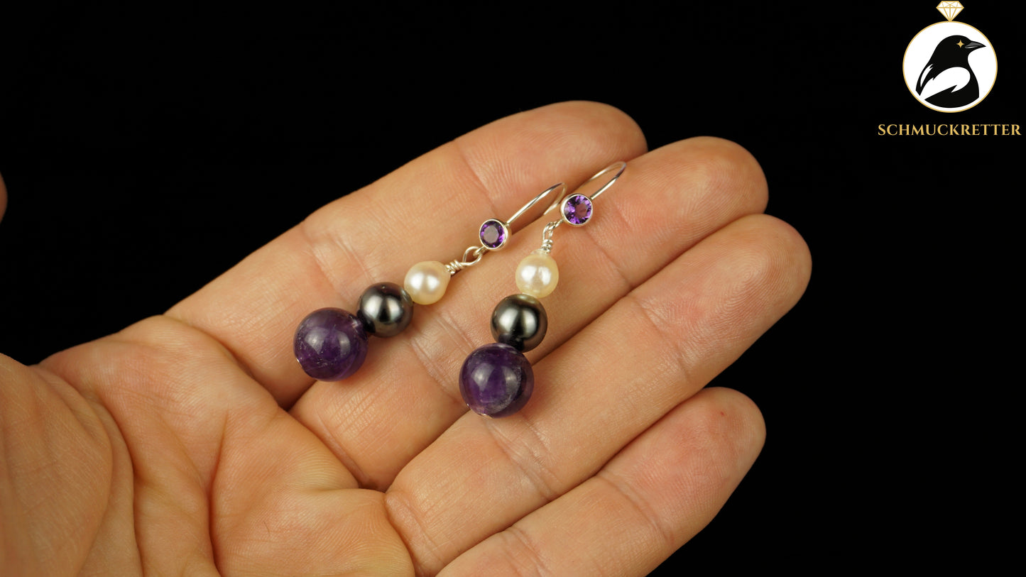 Ohrringe mit echten Tahitiperlen, Akoya Perlen, Amethyst & 925 Silber Brisur