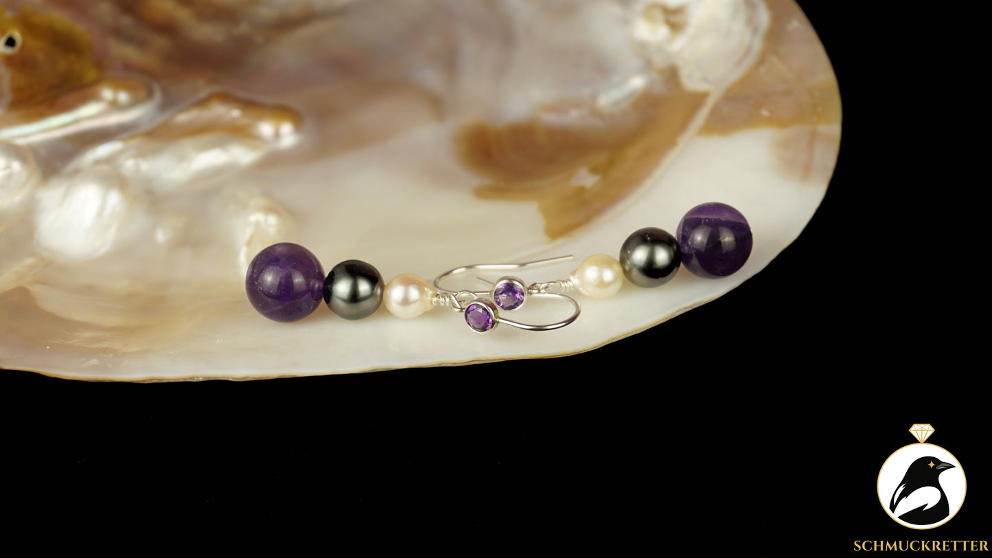 Ohrringe mit echten Tahitiperlen, Akoya Perlen, Amethyst & 925 Silber Brisur