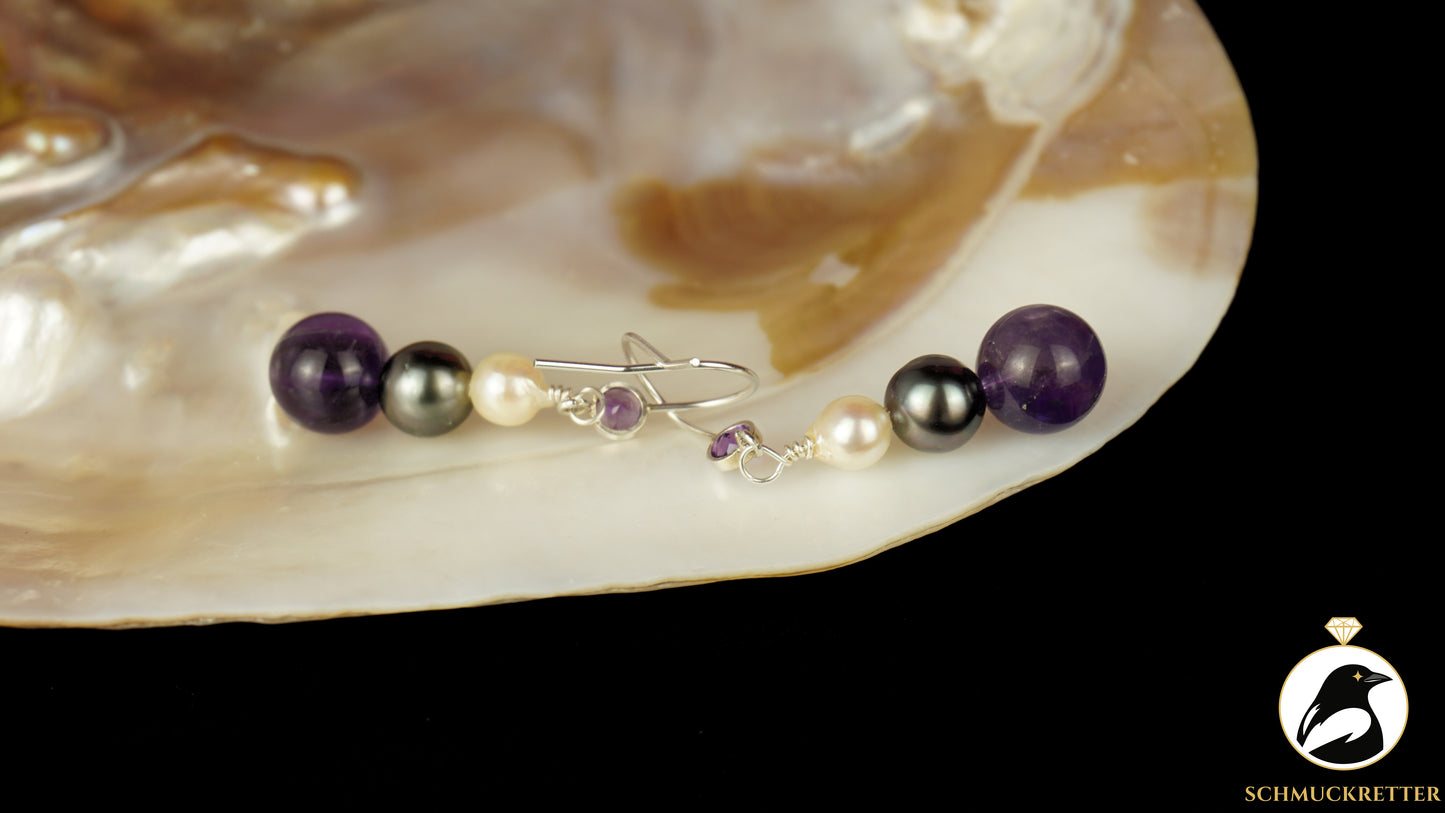 Ohrringe mit echten Tahitiperlen, Akoya Perlen, Amethyst & 925 Silber Brisur