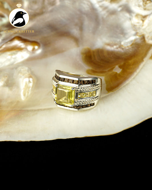 Breiter 925 Silber Ring mit Rauchquarz und Peridot, Gr. 57