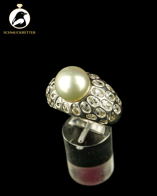 Massiver 925 Silber Statement Ring mit Zirkonia und Perle, Gr. 66
