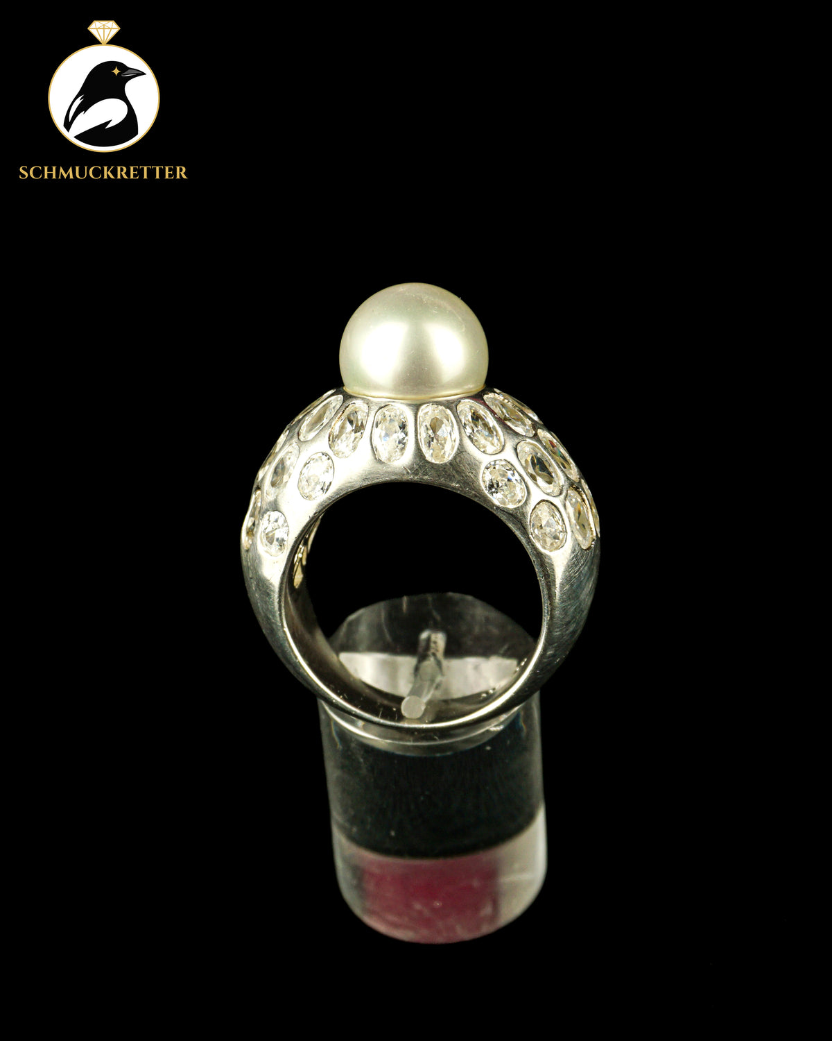 Massiver 925 Silber Statement Ring mit Zirkonia und Perle, Gr. 66
