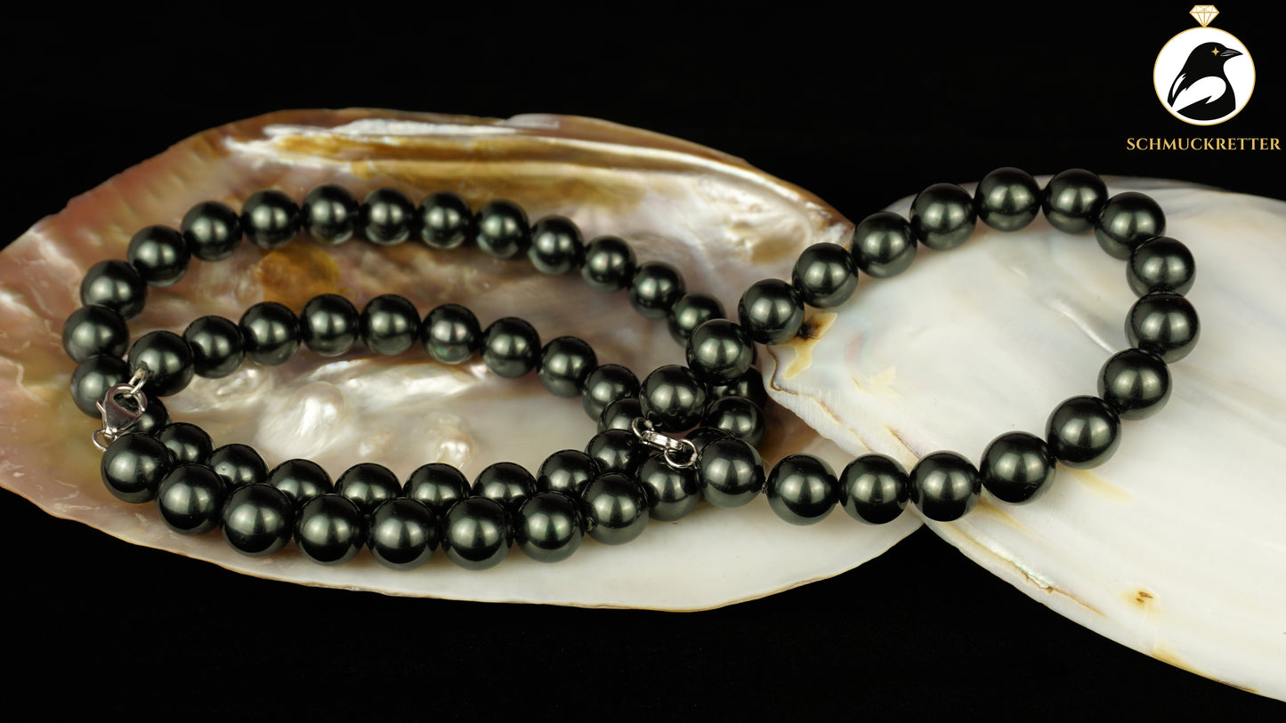Set: Armband und Kette aus dunklen MK-Perlen mit 925 Silber Verschluss