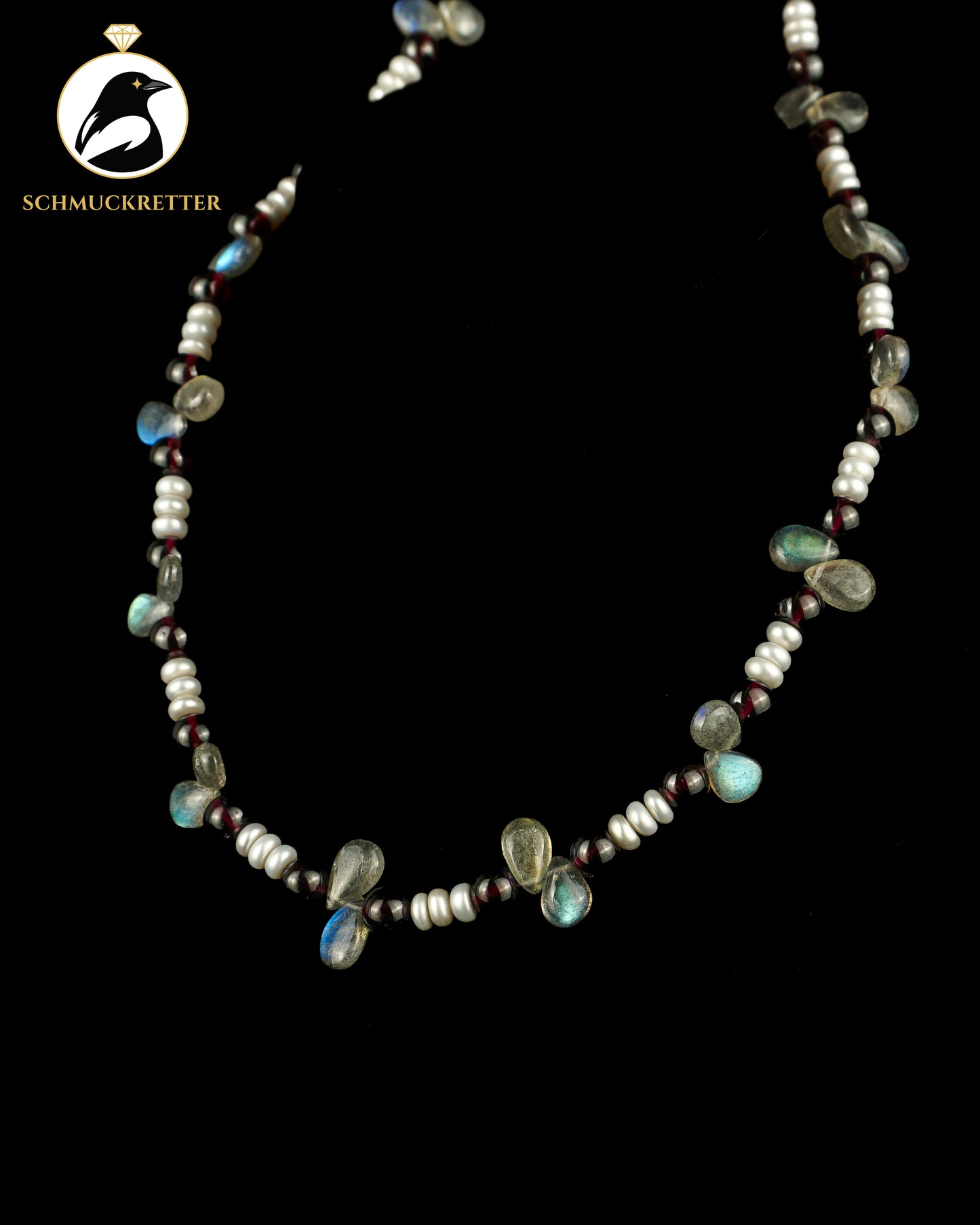 Collier aus Labradorit, Granat, Süßwasserperlen - mit 925 Silber Verschluss
