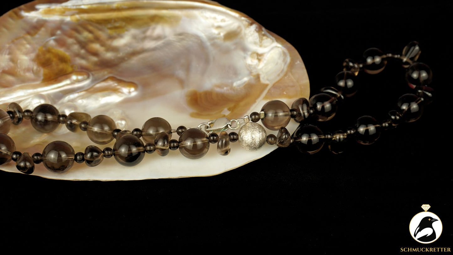 Kette aus Rauchquarz - mit mattiertem Element und Verschluss aus 925 Silber, SALE