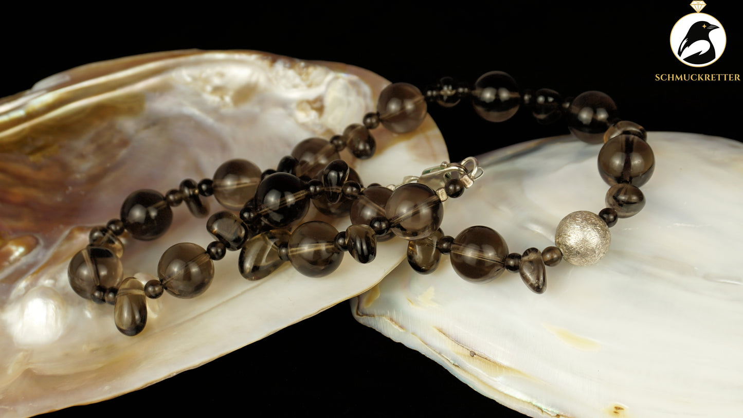 Kette aus Rauchquarz - mit mattiertem Element und Verschluss aus 925 Silber, SALE