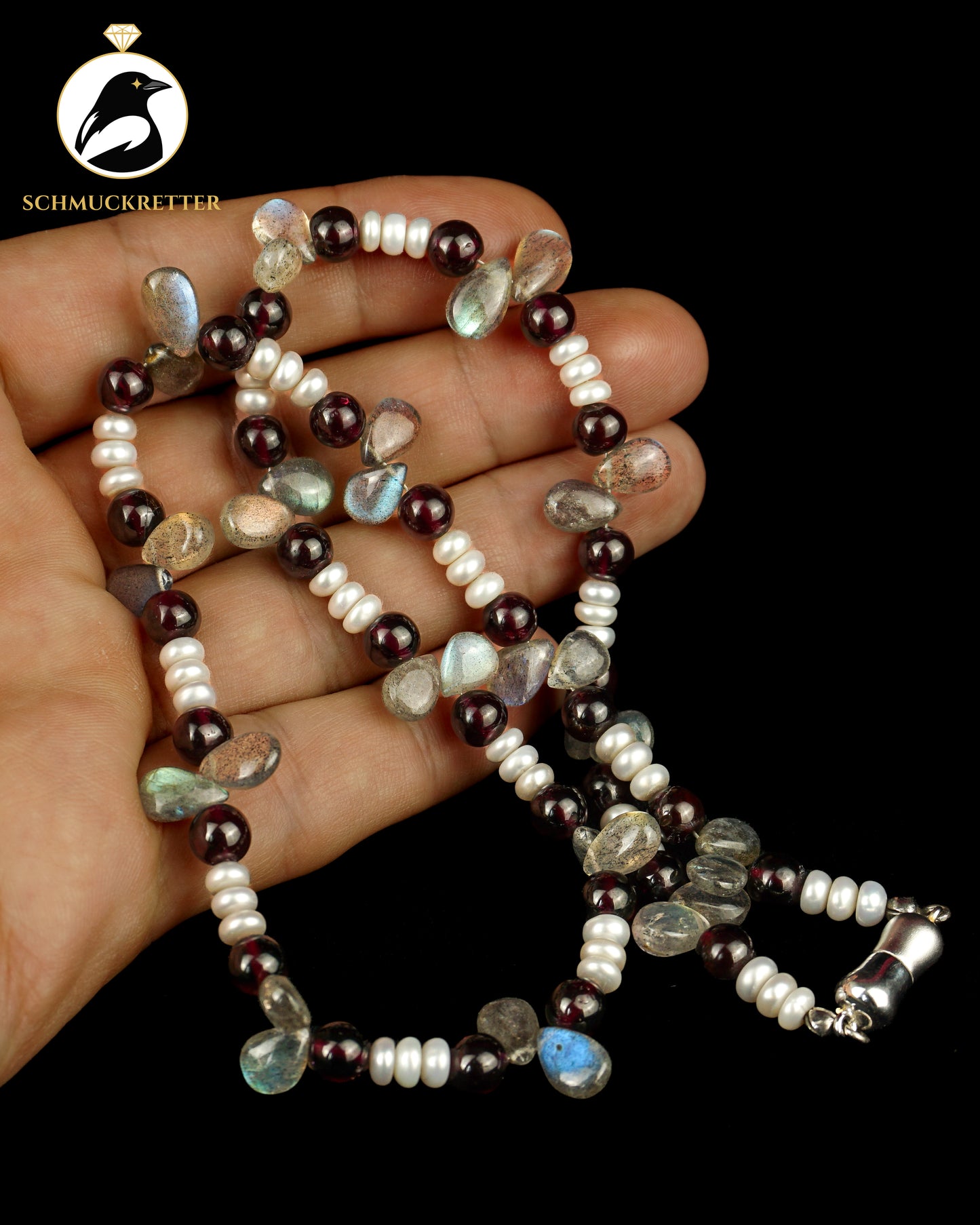 Collier aus Labradorit, Granat, Süßwasserperlen - mit 925 Silber Verschluss