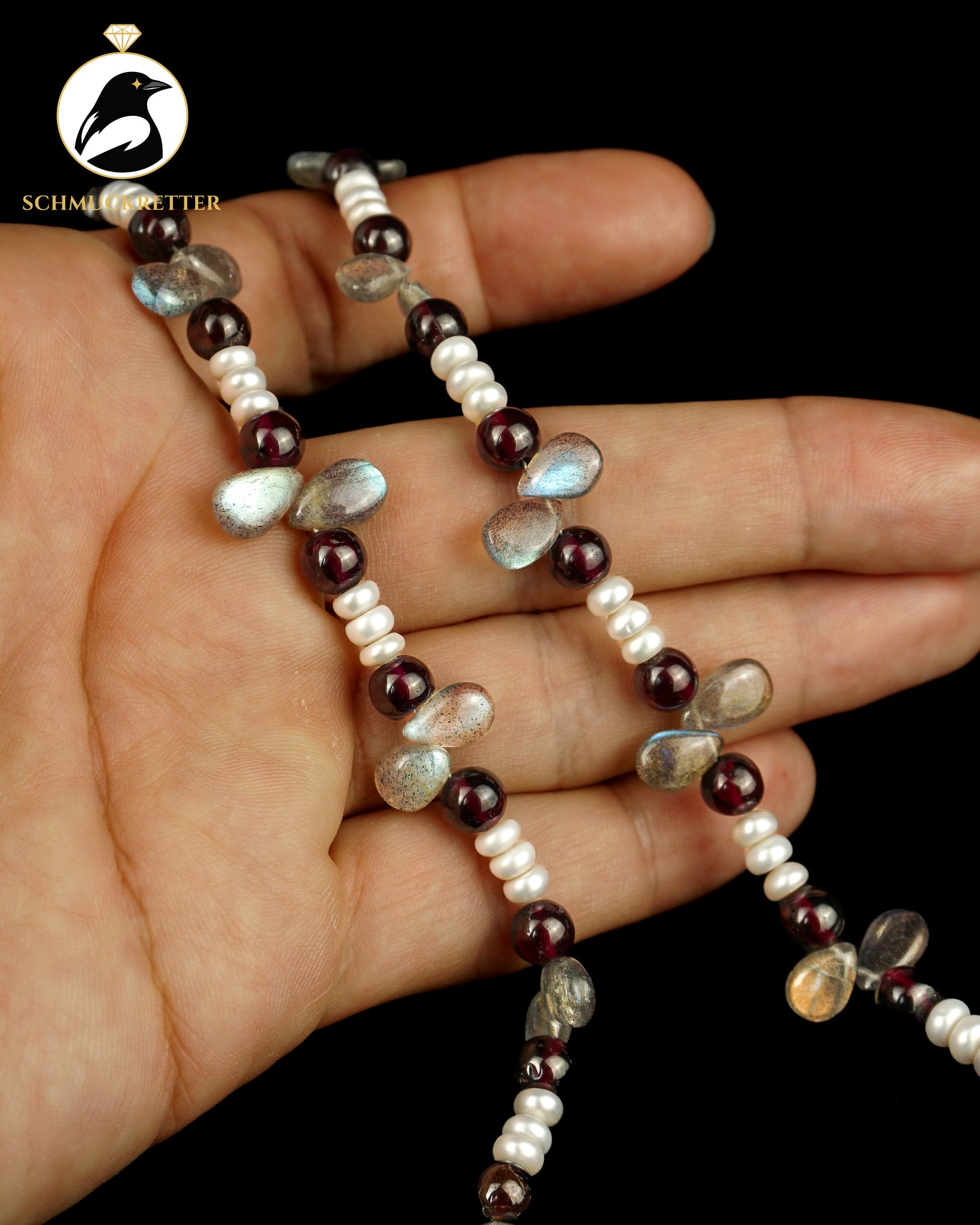 Collier aus Labradorit, Granat, Süßwasserperlen - mit 925 Silber Verschluss