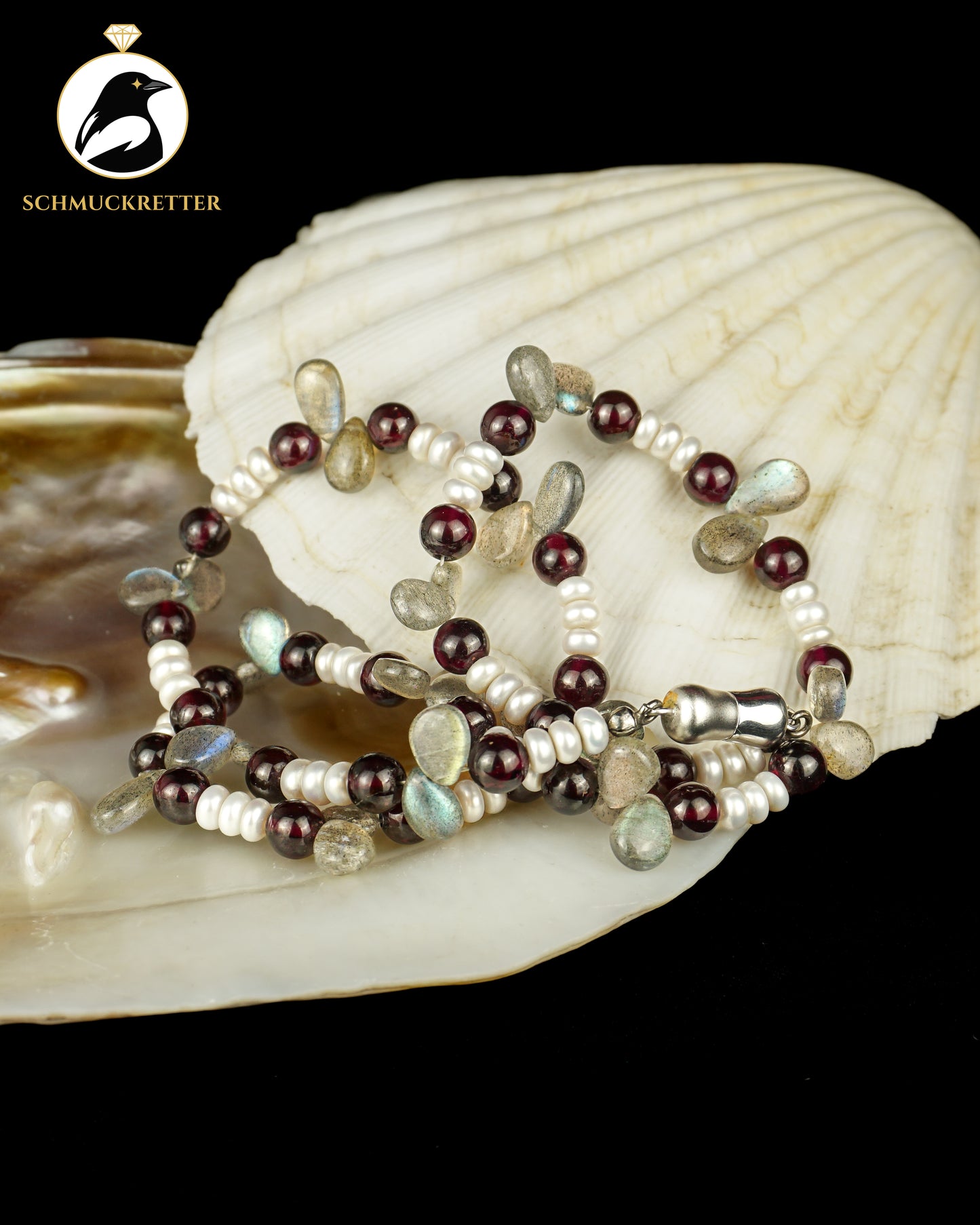 Collier aus Labradorit, Granat, Süßwasserperlen - mit 925 Silber Verschluss
