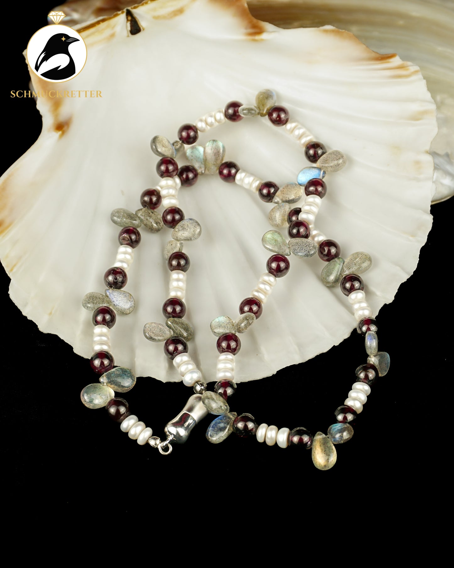 Collier aus Labradorit, Granat, Süßwasserperlen - mit 925 Silber Verschluss