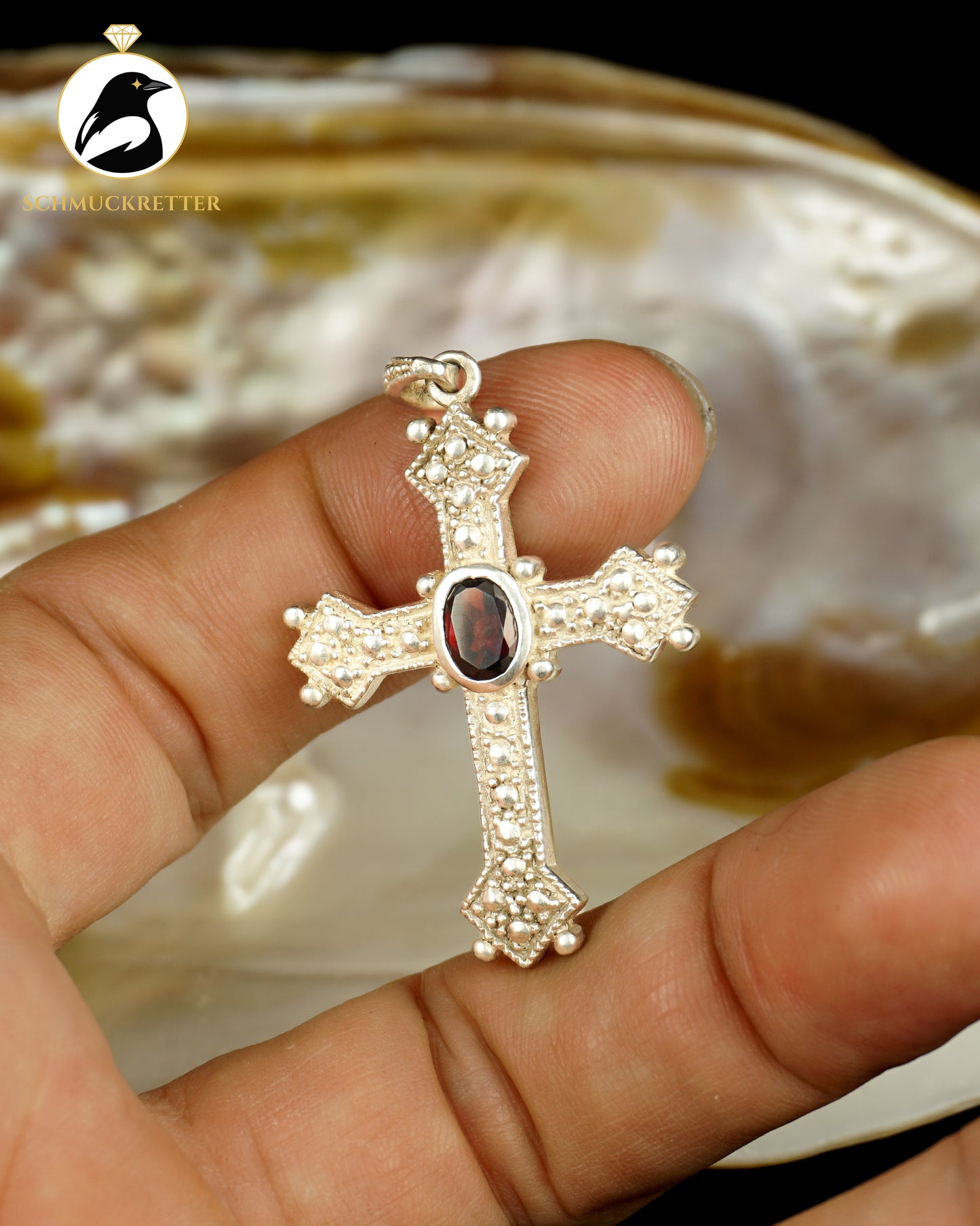 Granat-Kreuz Anhänger aus 925 Silber