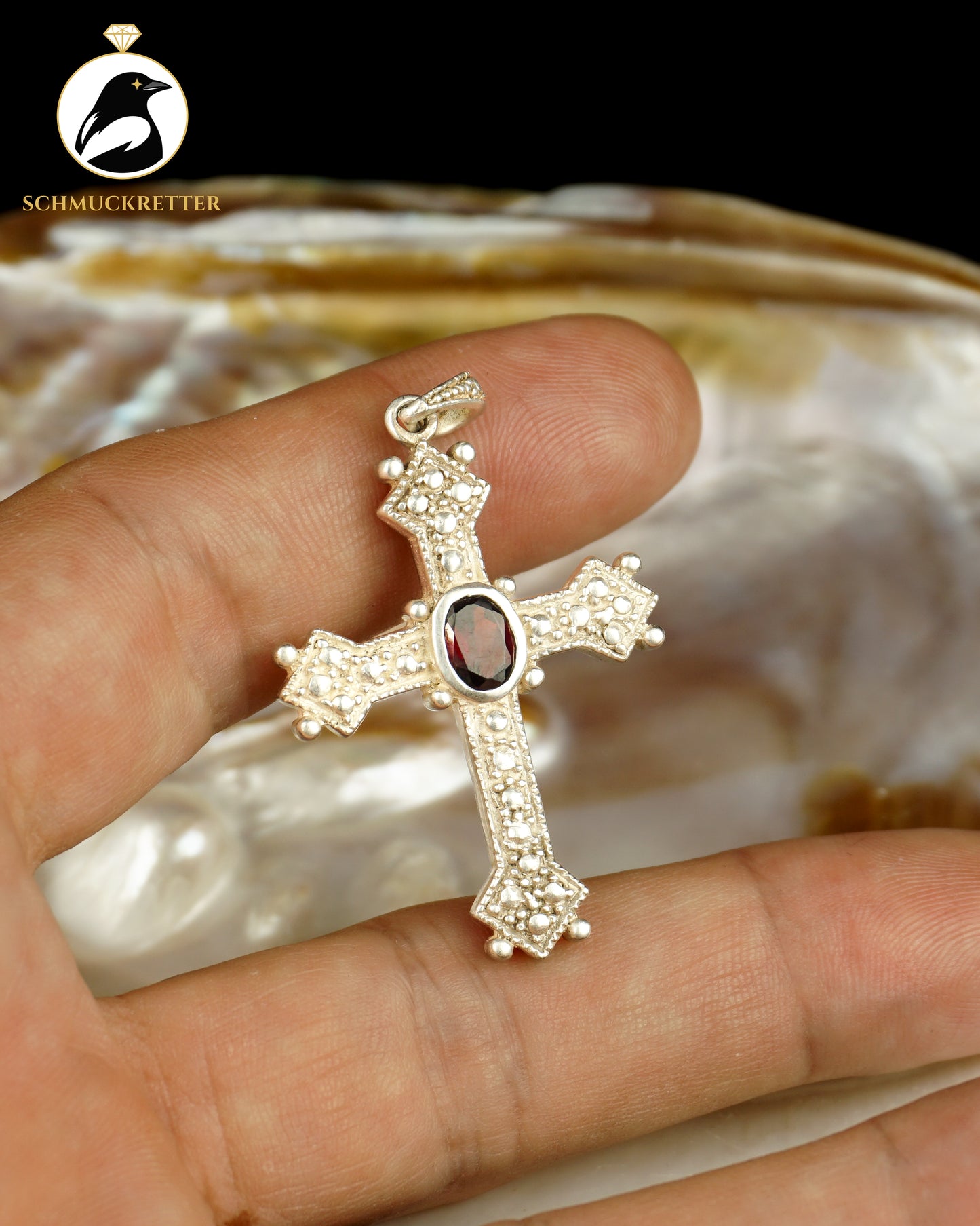 Granat-Kreuz Anhänger aus 925 Silber