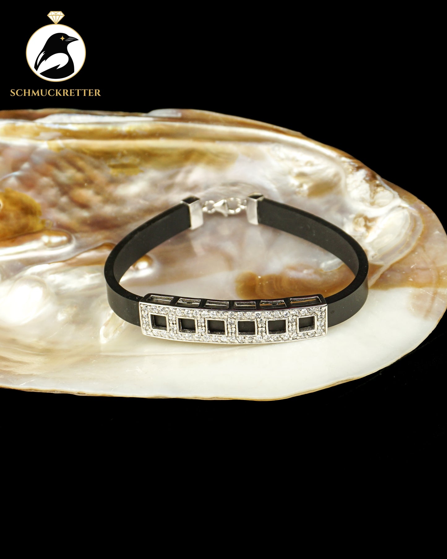 Schwarzes Kautschuk Armband mit Zirkonia - 925 Silber - FBM