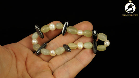 Edelsteinarmband, dehnbar - mit Serpentin, Hämatit, Perlen