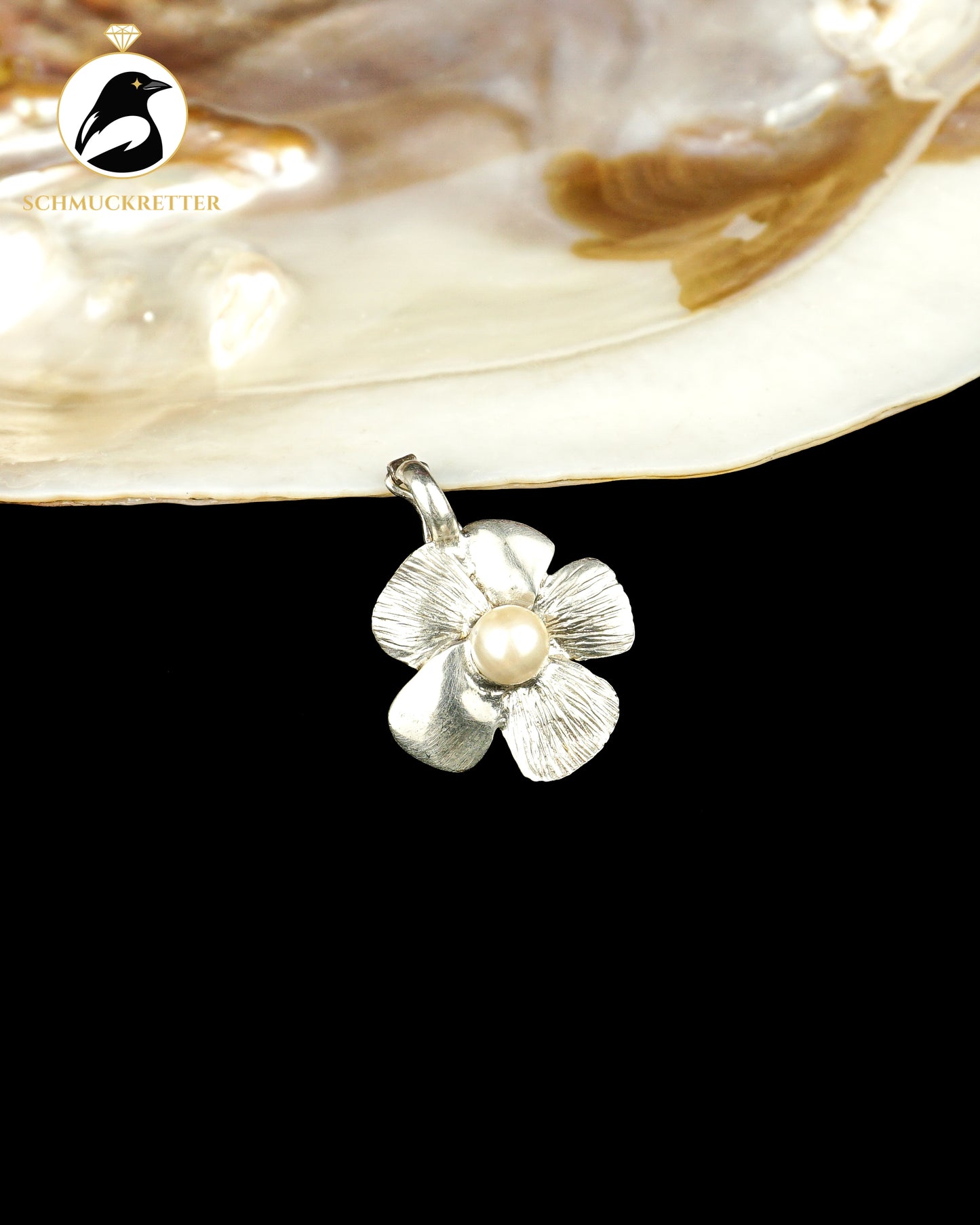 925 Silber Blüten-Anhänger mit weißer Perle und Clip-Öse