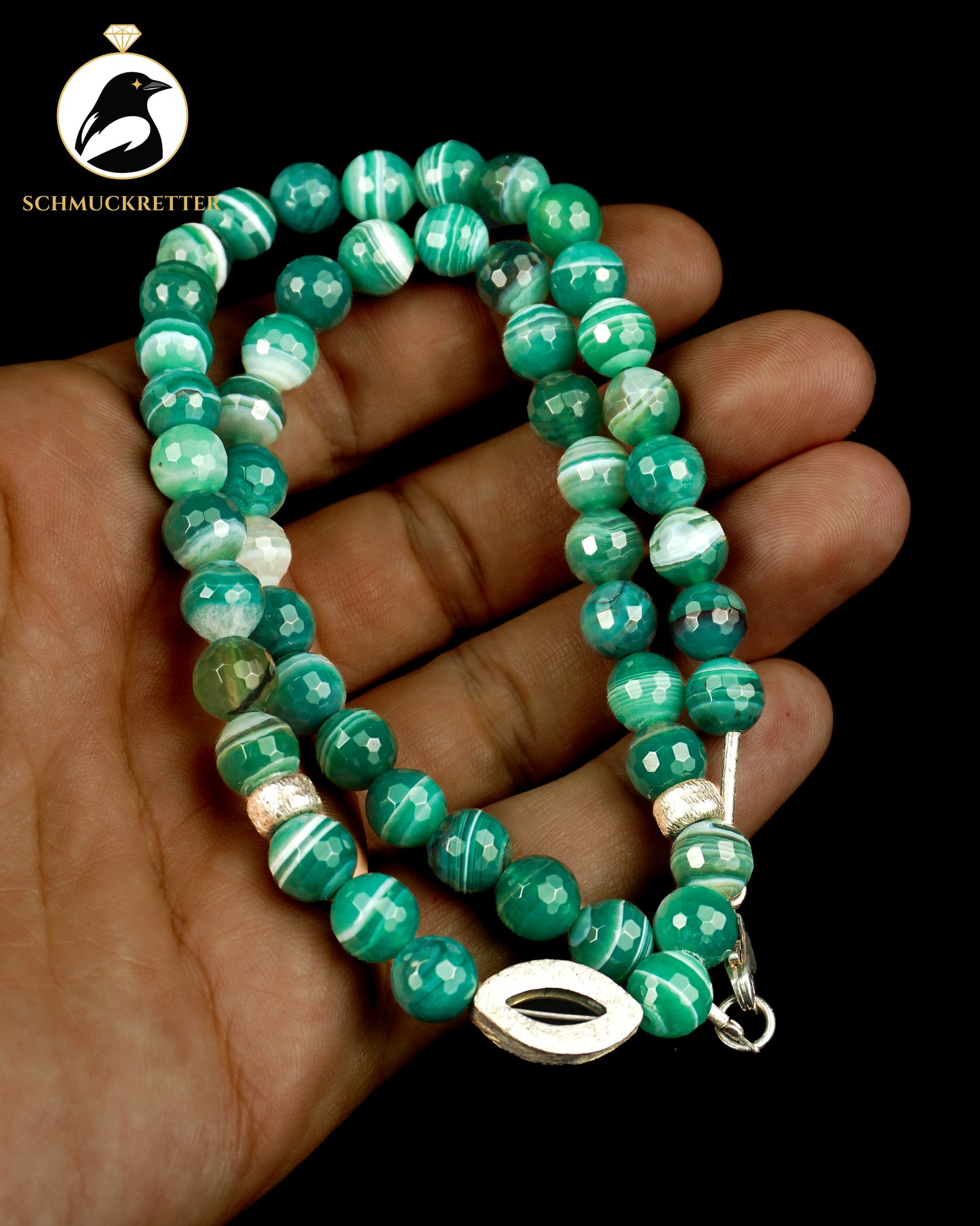 Grünes Achat-Collier mit mattierten 925 Silber Elementen & Verschluss