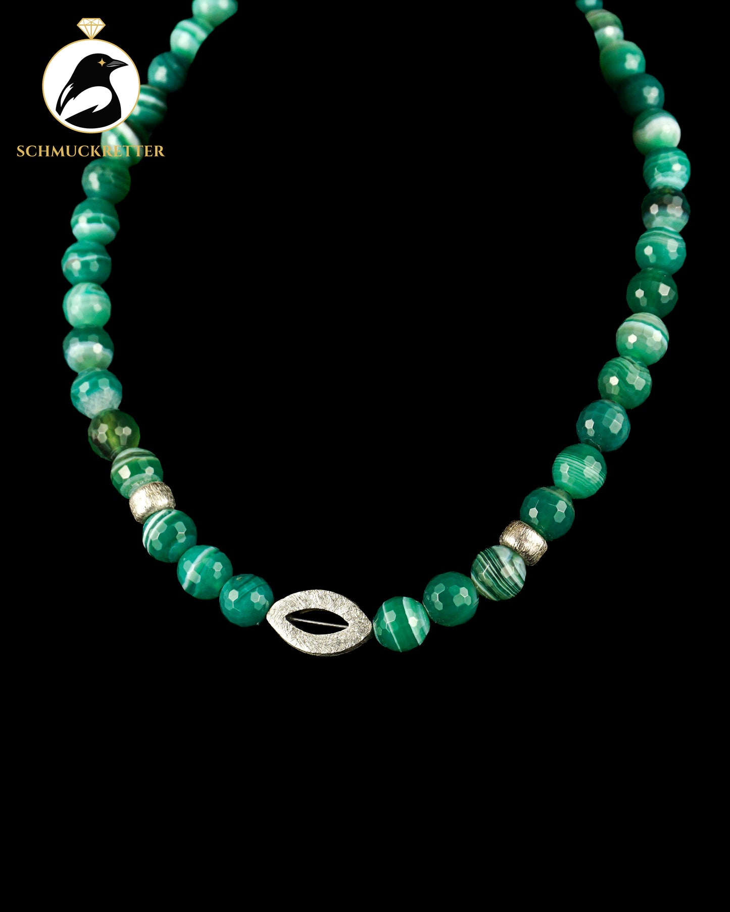 Grünes Achat-Collier mit mattierten 925 Silber Elementen & Verschluss