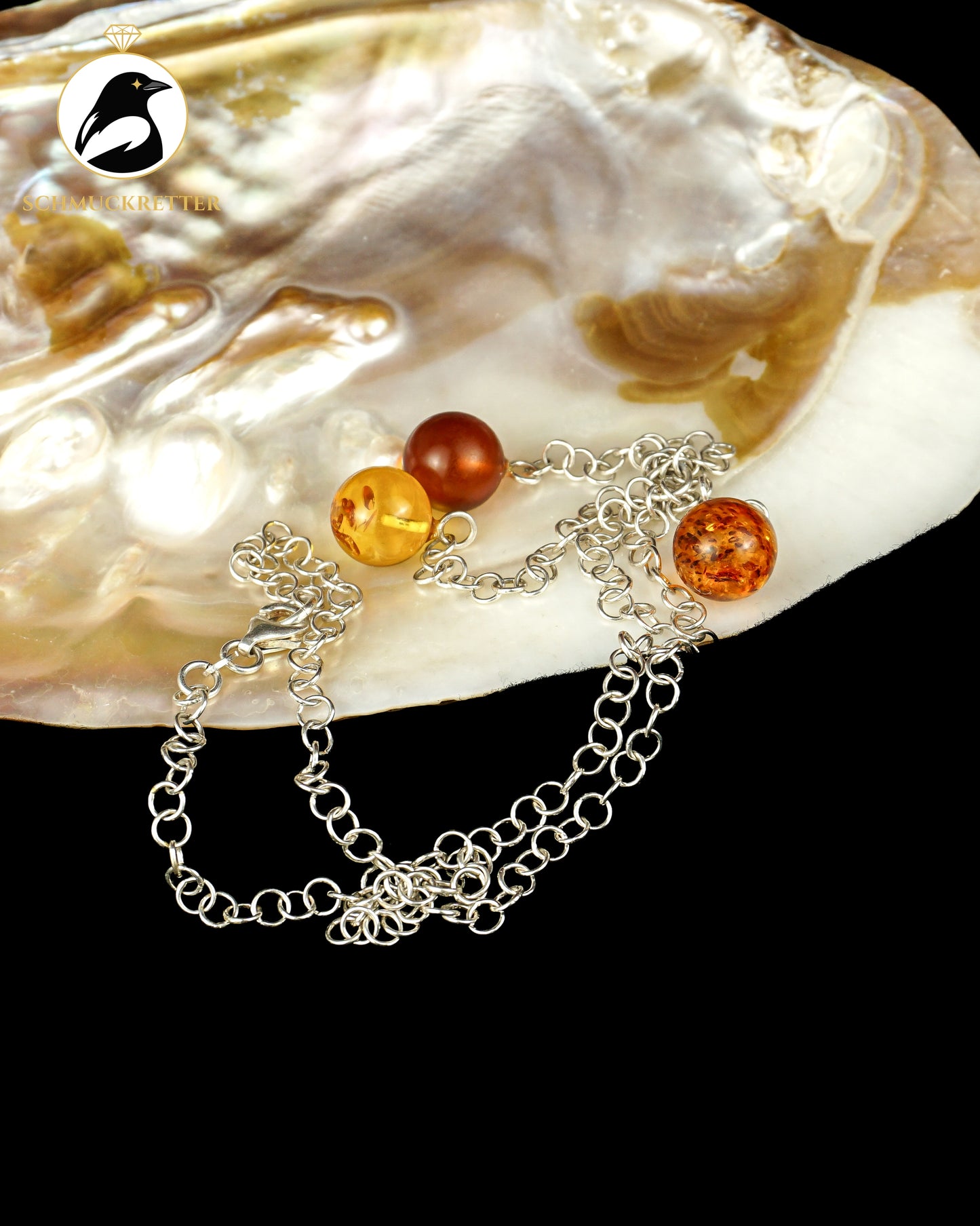 925 Silber Collier mit drei Bernsteinkugeln