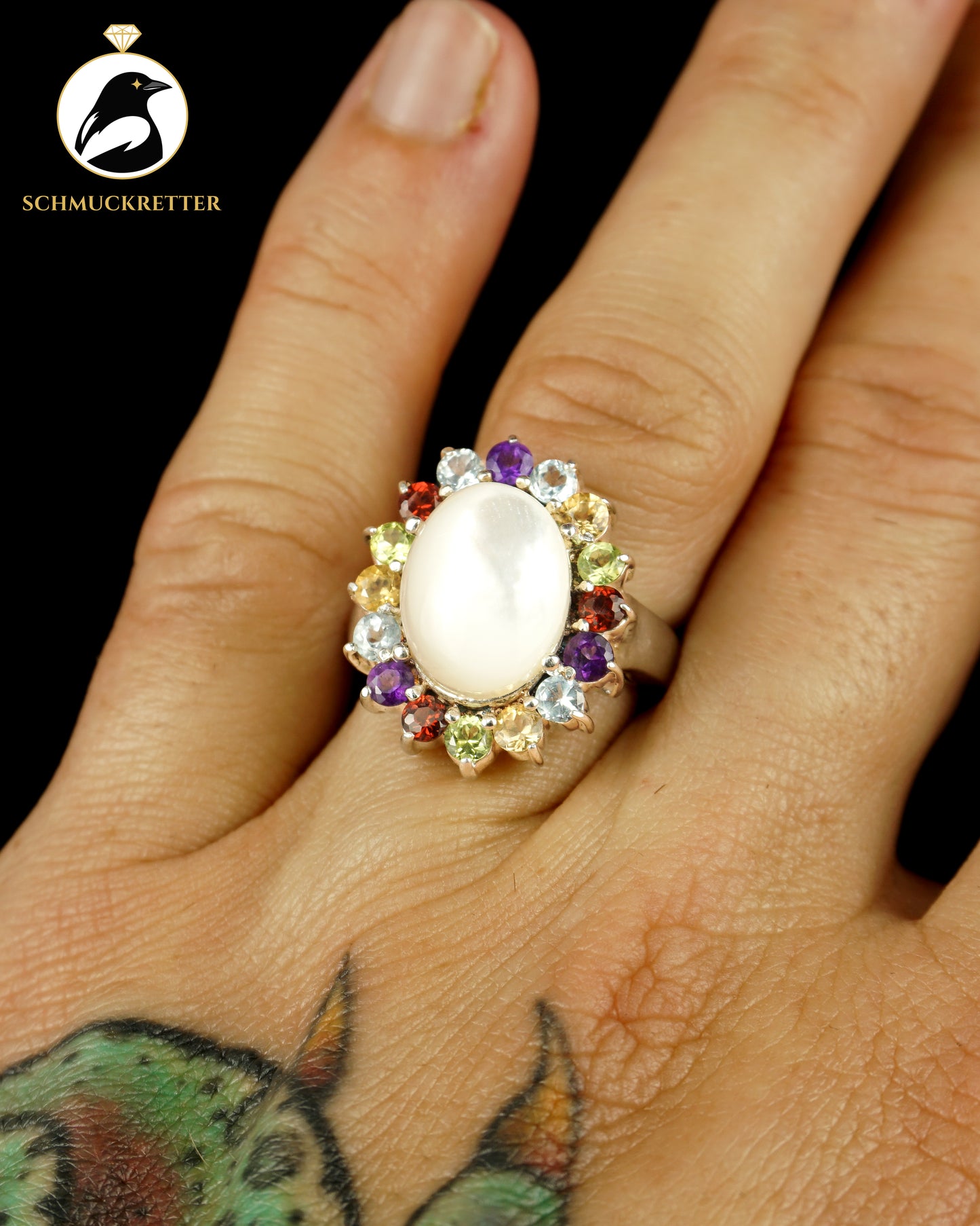 Bunter Cluster Ring aus 925 Silber mit Multi-Edelsteinen und Perlmutt, Gr. 57