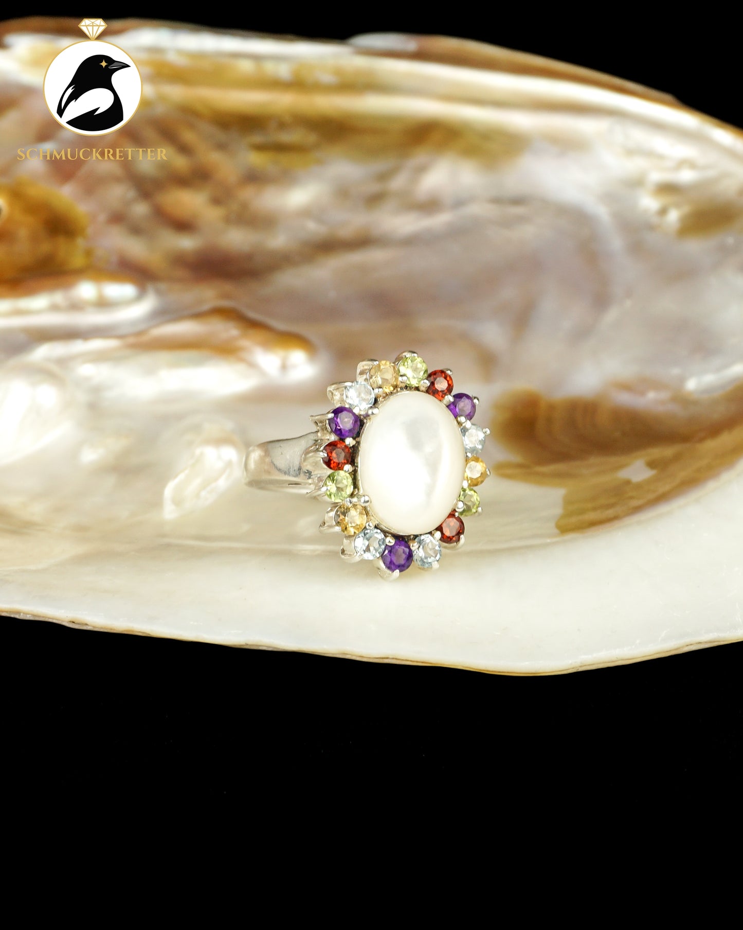 Bunter Cluster Ring aus 925 Silber mit Multi-Edelsteinen und Perlmutt, Gr. 57
