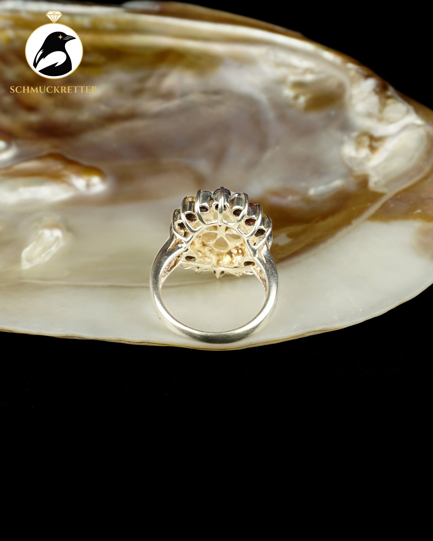 Bunter Cluster Ring aus 925 Silber mit Multi-Edelsteinen und Perlmutt, Gr. 57
