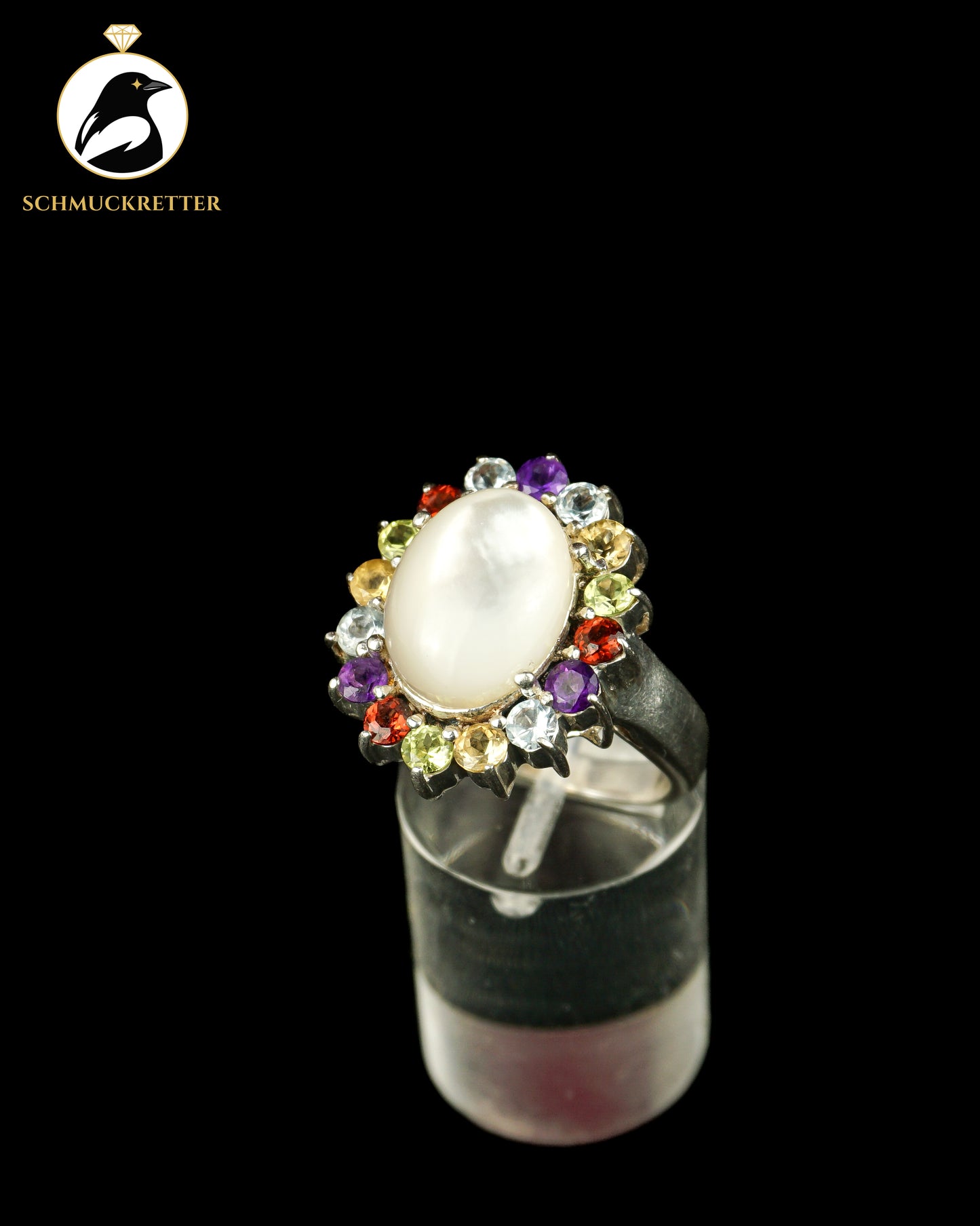 Bunter Cluster Ring aus 925 Silber mit Multi-Edelsteinen und Perlmutt, Gr. 57