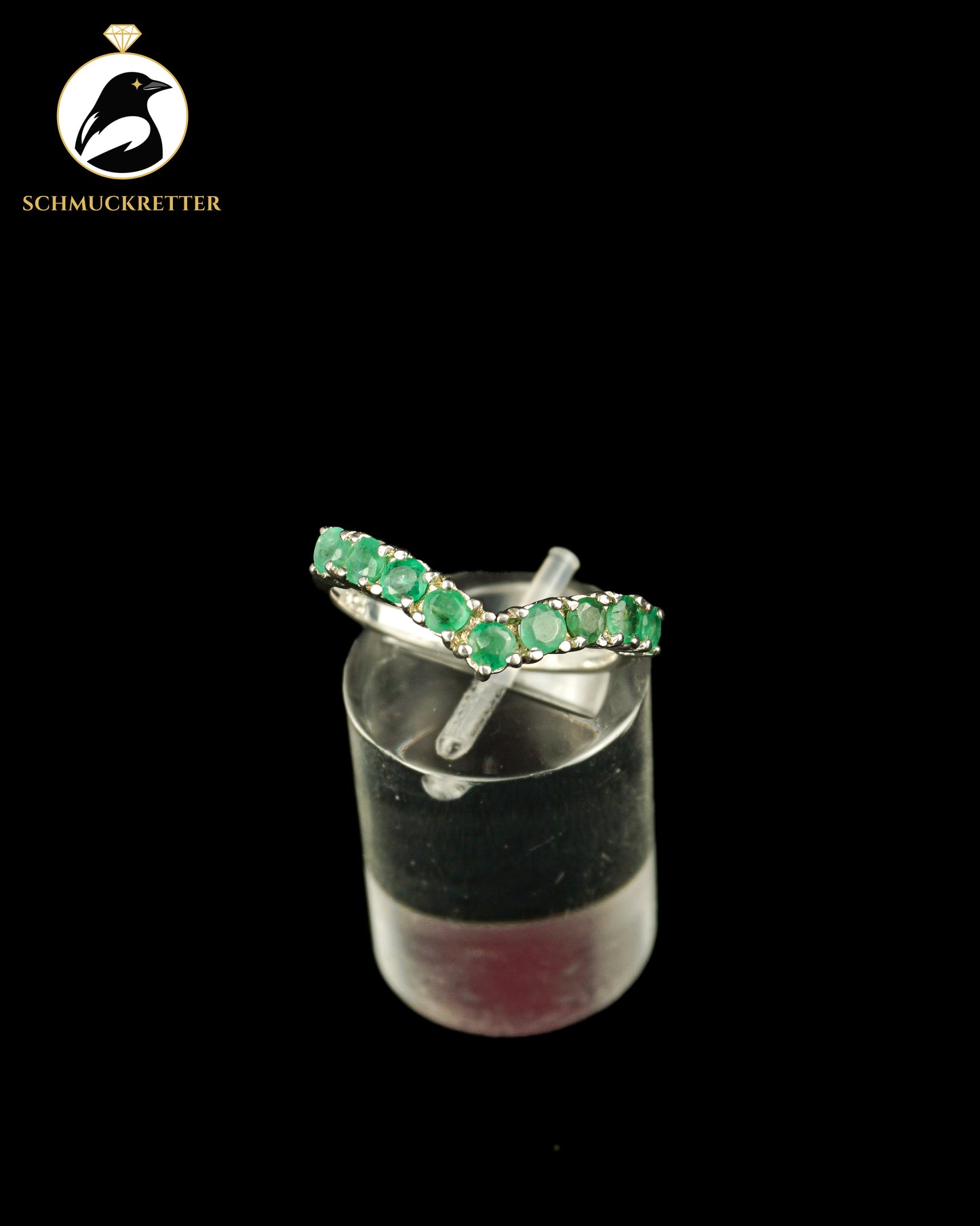 Spitzer Halbmemory-Ring mit Smaragden aus 925 Silber, Gr. 57