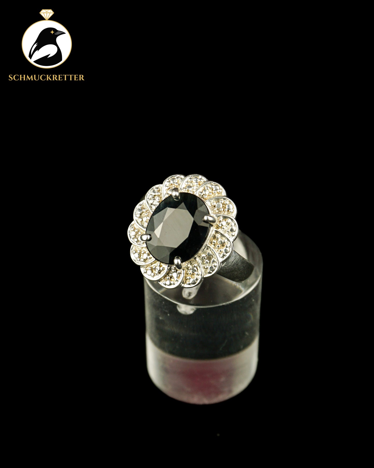 925 Silber Ring mit großem, schwarzem Saphir und kleinen Diamanten, Gr. 57